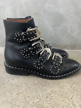 Givenchy Black Leather Ankle Boots with Silver Buckles